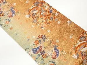 色紙に糸巻き・鳳凰・花々模様織出し袋帯